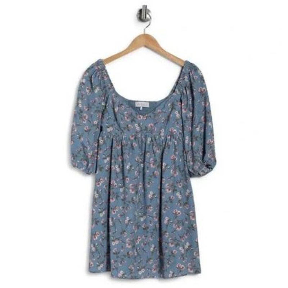 WAYF Dusty Blue Allover Floral Puff Sleeve Babydoll Dress NWT Size XS
